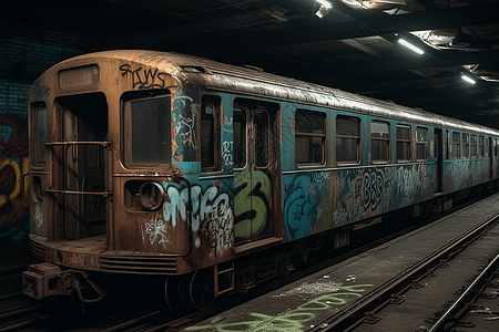带有涂鸦和复古火车的废弃地铁站图片