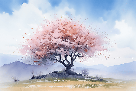 樱花树的宁静水彩画图片