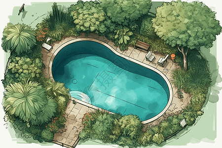 周围是郁郁葱葱的泳池图片