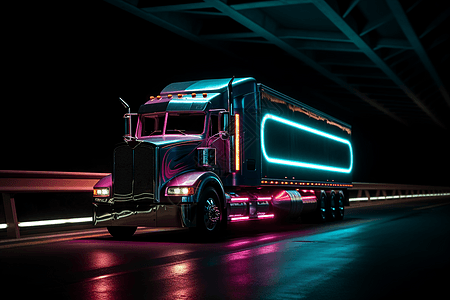 行驶在路上的货车霓虹灯的大卡车在路上行驶设计图片