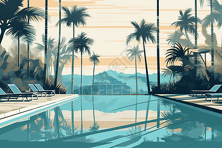 被棕榈树和蓝天包围的游泳池图片