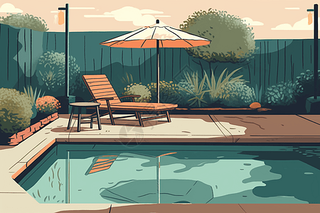 一个简单的后院游泳池的平面插图场景，配有诱人的躺椅和雨伞。，插图图片