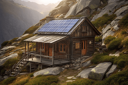 带有太阳能电池板系统的山间小屋图片