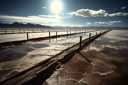 太阳能电池板放在荒凉的盐滩上背景图片