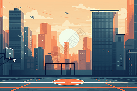 城市烟花摩天大楼上的篮球场插画