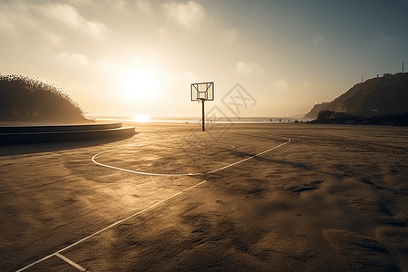 在沿海海滩空荡荡的篮球场图片