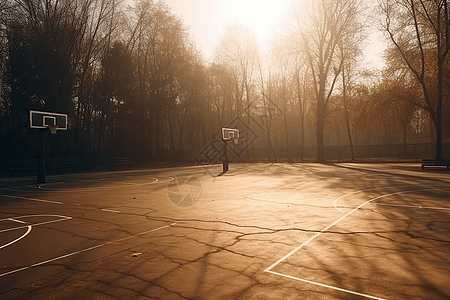 阳光下，空荡荡的篮球场图片