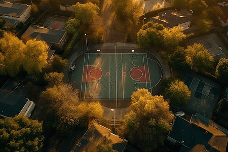 阳光下，被大树围绕的篮球场图片