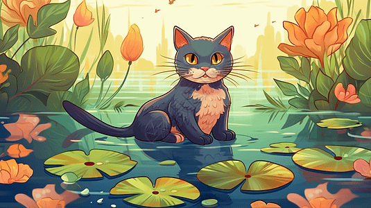 一只可爱的猫坐在池塘岸边图片