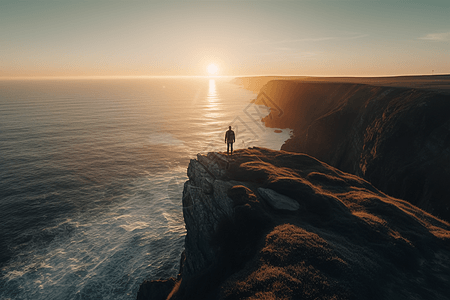站在悬崖顶上俯瞰大海和日出的人图片