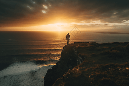 在海边的背影一个人站在悬崖上等着看日出背景