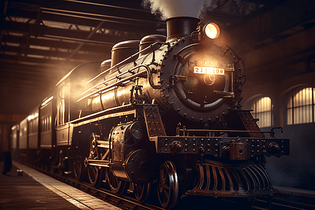 正准备行驶的老式蒸汽火车图片