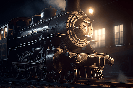 老式蒸汽火车在黑暗的火车轨道上行驶图片