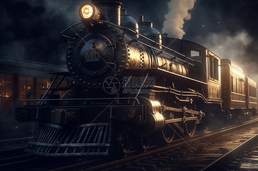 老式蒸汽火车驶入车站的特写镜头图片