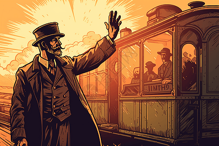 一位外国老头在向蒸汽火车上的乘客招手图片
