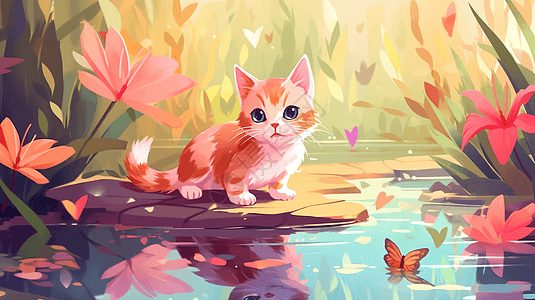 一只粉色的小猫坐在池边图片