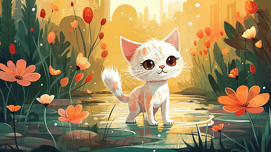 一只白色的小猫被盛开的花朵包围在池塘里图片