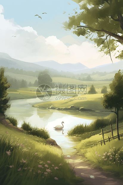 池塘风景插画图片