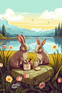 池塘野餐的兔子图片