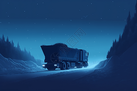 夜空下有一辆自卸卡车在行驶图片