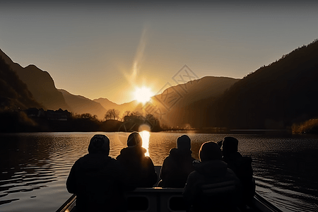 日落时分，人们在湖中乘坐小船图片
