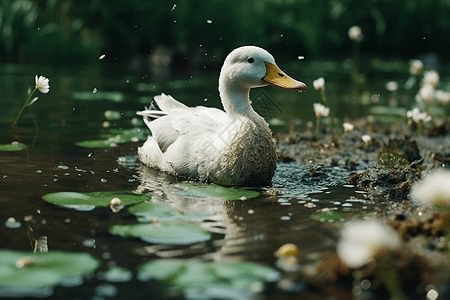 在水里的鸭子可爱的白鸭在湖中戏水背景