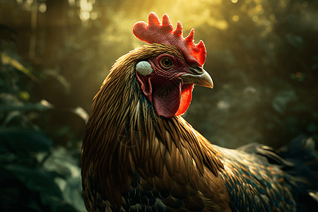 树林里鸡一只公鸡站在森林里，阳光从树丛中射进来的背景