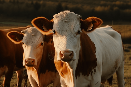 一群奶牛在阳光下站在牧场上图片