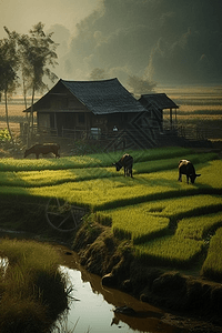 绿色稻田和农舍图片
