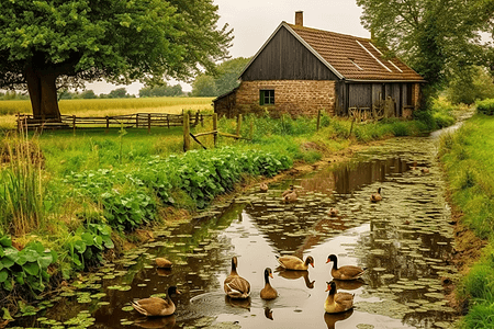 农场池塘的鸭子图片