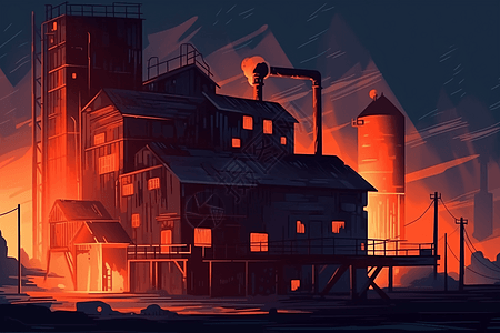 炼钢厂的夜景插画图片