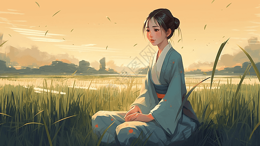 稻田里享受宁静时刻的小女孩图片