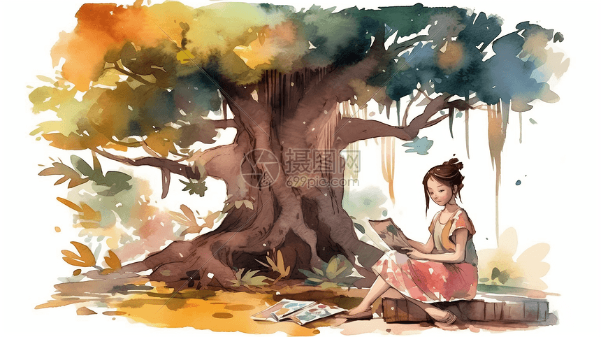 一个年轻女孩在榕树下画画图片
