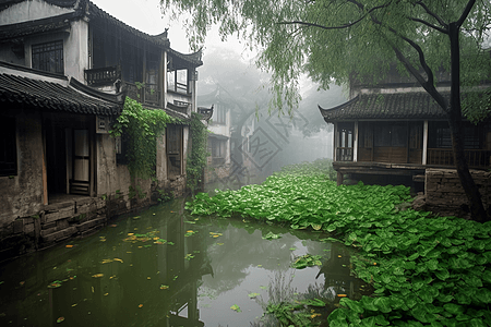 白色的薄雾弥漫在空气中的江南建筑背景图片