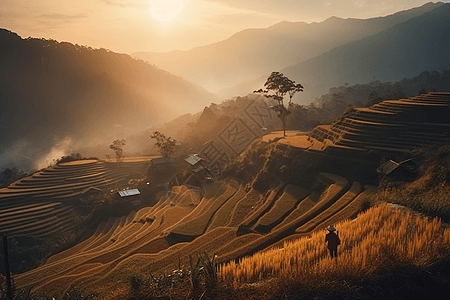 夕阳照耀下的农场风景背景图片