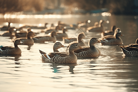 早晨在湖里浅水的一群鸭子图片