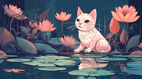 一只猫坐在莲花盛开的池塘图片