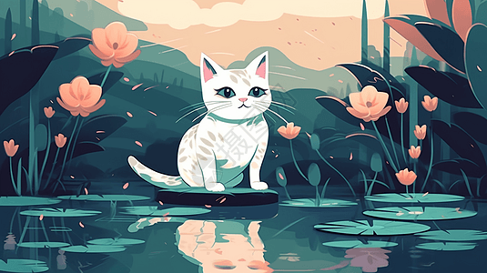 一只猫坐在池塘边图片