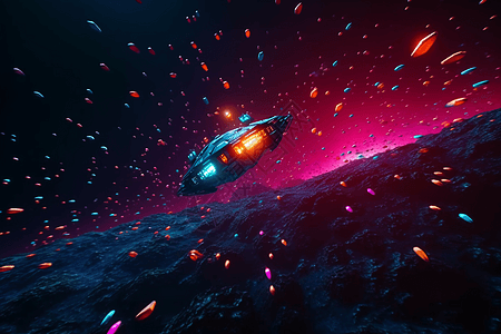 在霓虹色的小行星中飞行的飞船图片