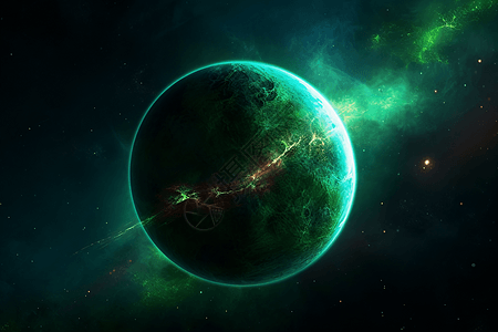 明亮的绿色行星主导着宇宙的中心背景图片