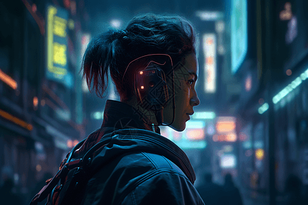 一位戴着耳机在城市中行走的未来派女性图片
