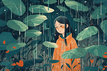 可爱的小女孩站在高高的树叶下躲避雨水图片
