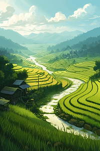 河流通过稻田图片