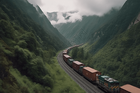 集装箱列车货运列车穿过蜿蜒的山口背景