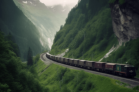 集装箱列车货运列车穿过山口背景