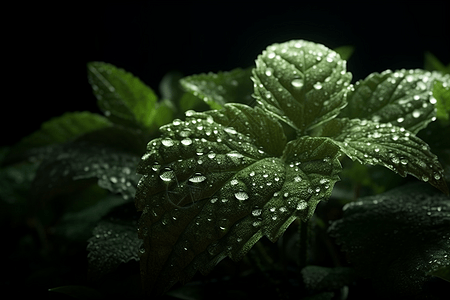 露水在留兰香叶上图片