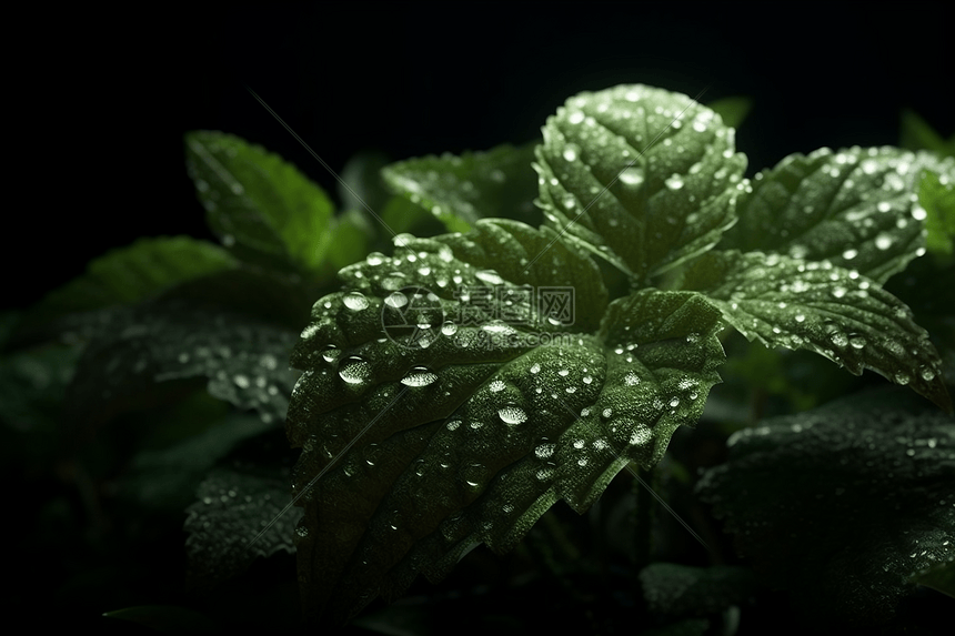 露水在留兰香叶上图片