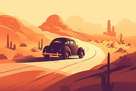 沙漠的道路上的汽车背景图片