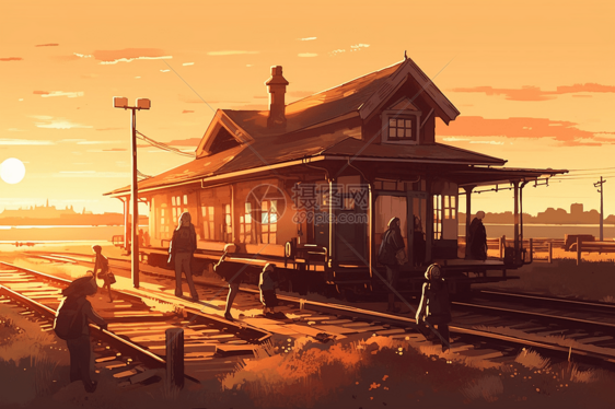 黄昏时的火车站图片