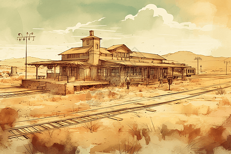 老式火车站插画图片